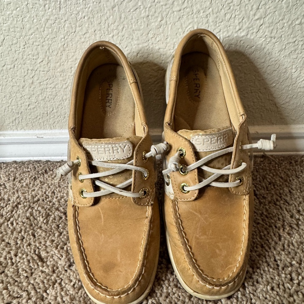Sperry Light Brown with Gold Polkadot Boat Shoes for Women